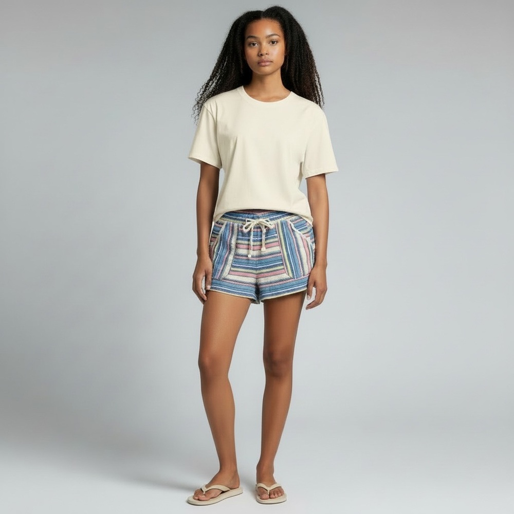 Rewind Striped Linen Blend Shorts Medium Boho Beach Festival‎ Drawstring Pockets
